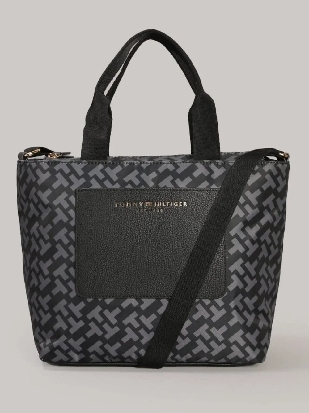 Tommy Hilfiger logo print structured bag nylon body, pocketed, gold tone detail
